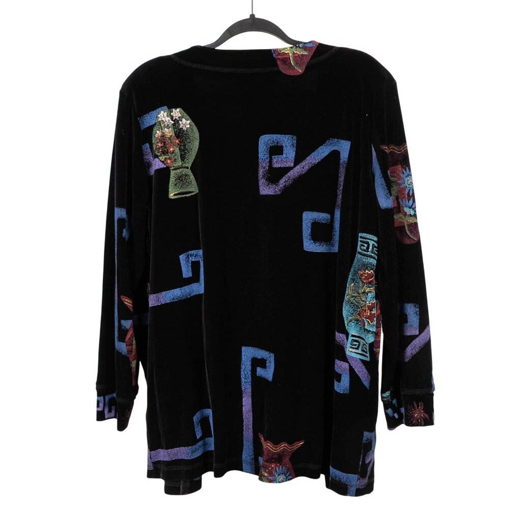 Studio G Velvet Open Front Cardigan Jacket L Abstract Vases Black Long Casual - Picture 5 of 5